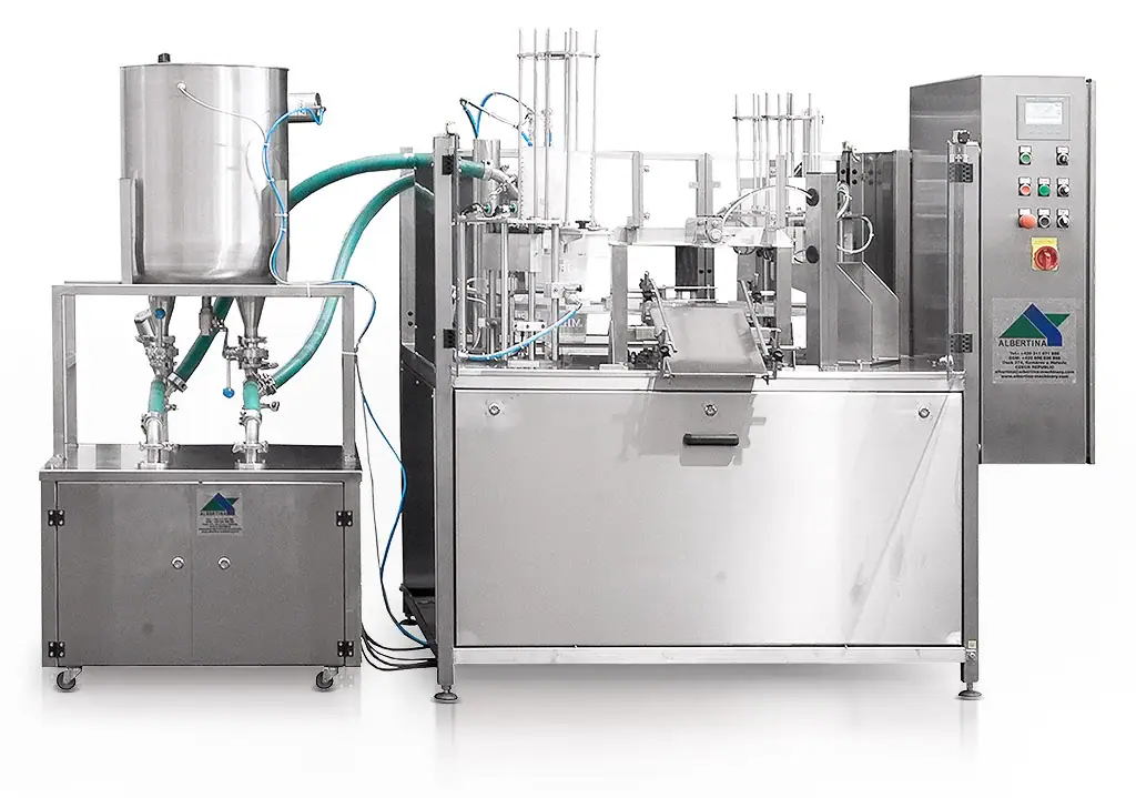 Füll- und Verschließmaschine CUPLINE zum Befüllen und Verschließen von Becher und Tiegel