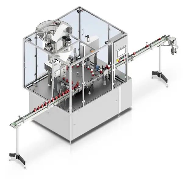 Die Füll- und Verschließmaschine POWDERLINE ist für das Abfüllen von Pulvern und Granulat in Gläser, Plastikdosen und Kanister sowie zum Verschließen mit Schraub- und Druck- und Twist-off-Deckeln vorgesehen.